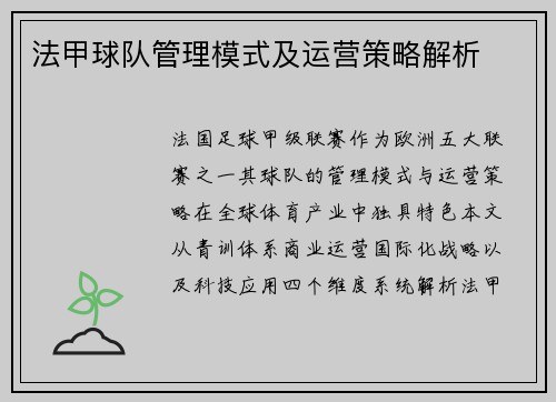 法甲球队管理模式及运营策略解析
