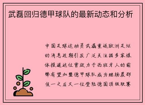 武磊回归德甲球队的最新动态和分析