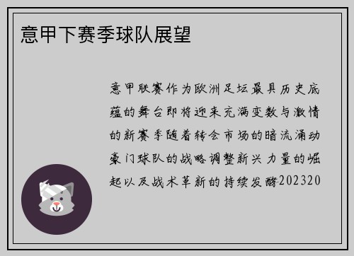 意甲下赛季球队展望